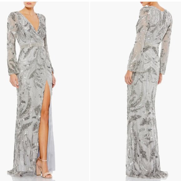 Mac Duggal 5222‎ Sequined Floral Faux Wrap Beaded Gown Platinum Gray NWT